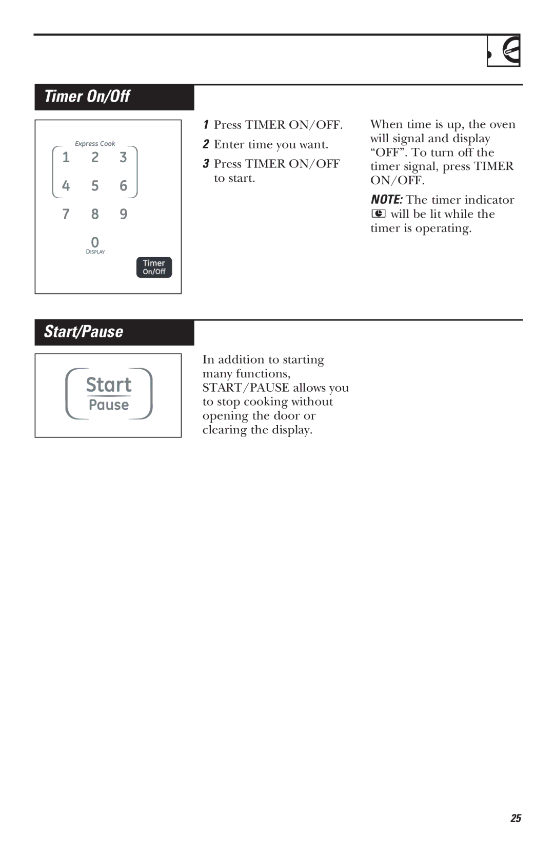 Mabe Canada JVM1625, JVM1635, JVM1630, JVM1620 owner manual Timer On/Off, Start/Pause 