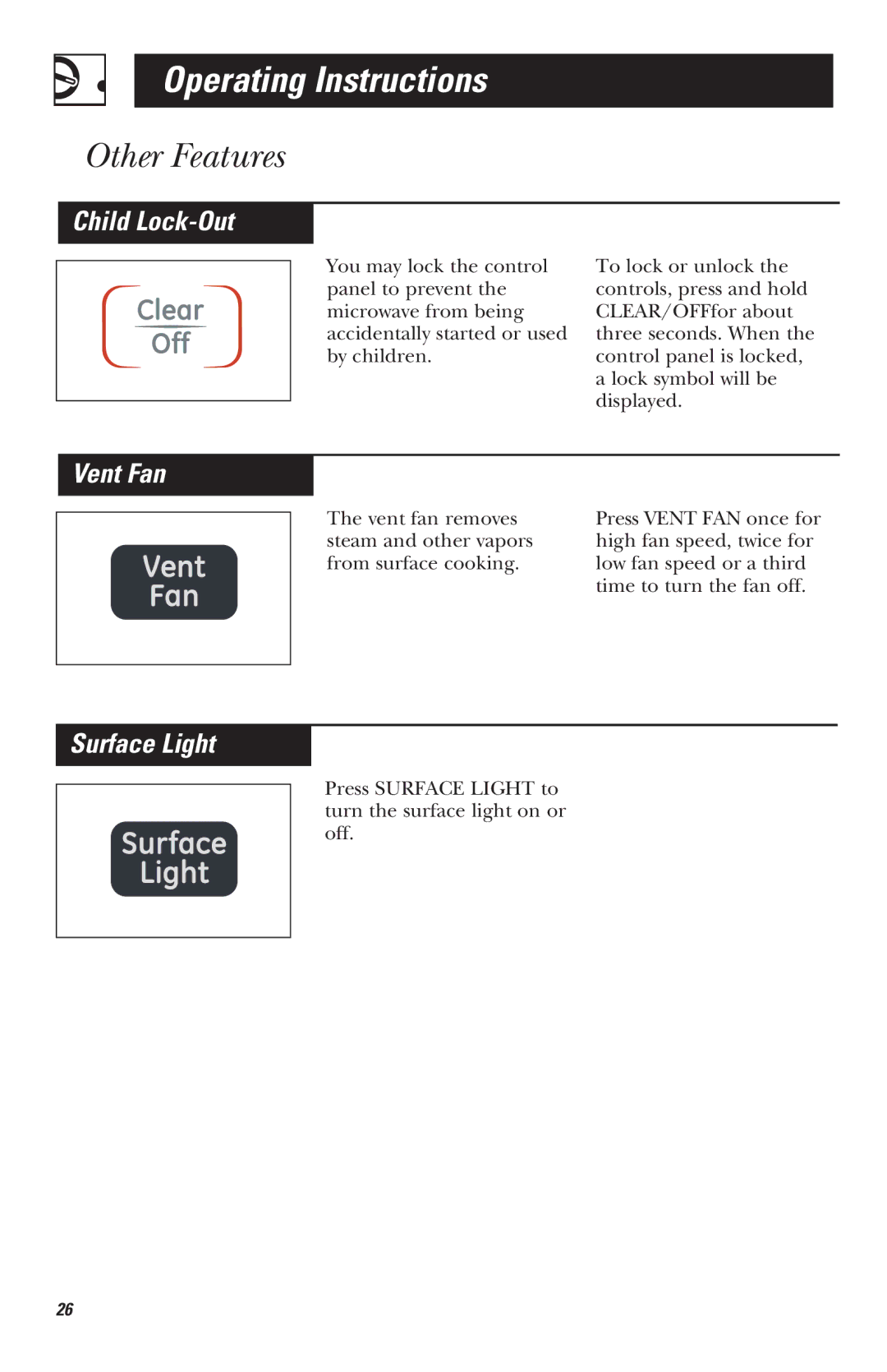 Mabe Canada JVM1630, JVM1635, JVM1625, JVM1620 owner manual Child Lock-Out, Vent Fan, Surface Light 