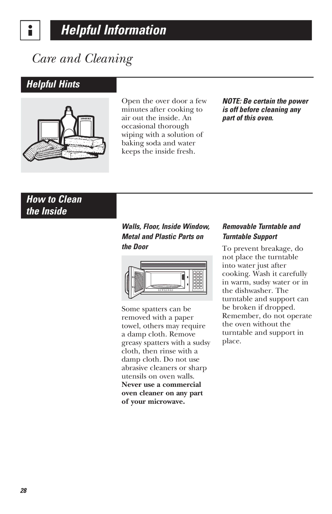 Mabe Canada JVM1635, JVM1625, JVM1630, JVM1620 Care and Cleaning, Helpful Hints, Removable Turntable and Turntable Support 