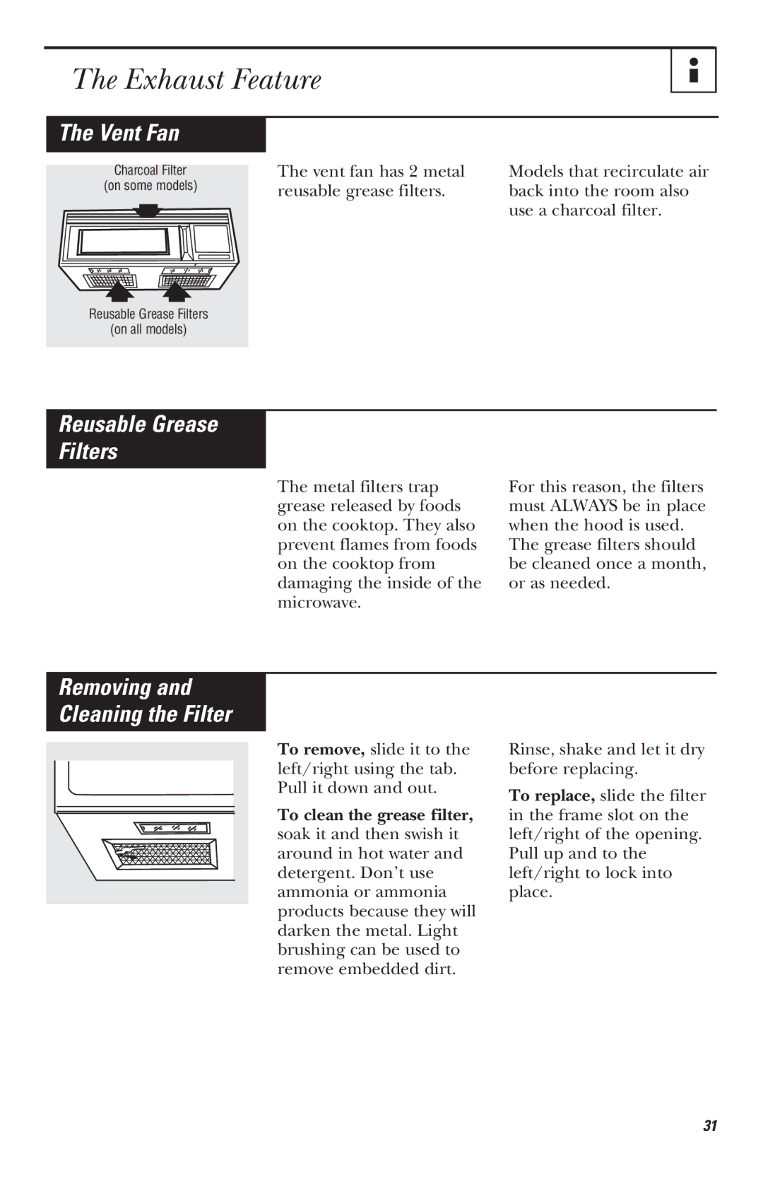 Mabe Canada JVM1620, JVM1635, JVM1625, JVM1630 owner manual Exhaust Feature, Reusable Grease Filters 