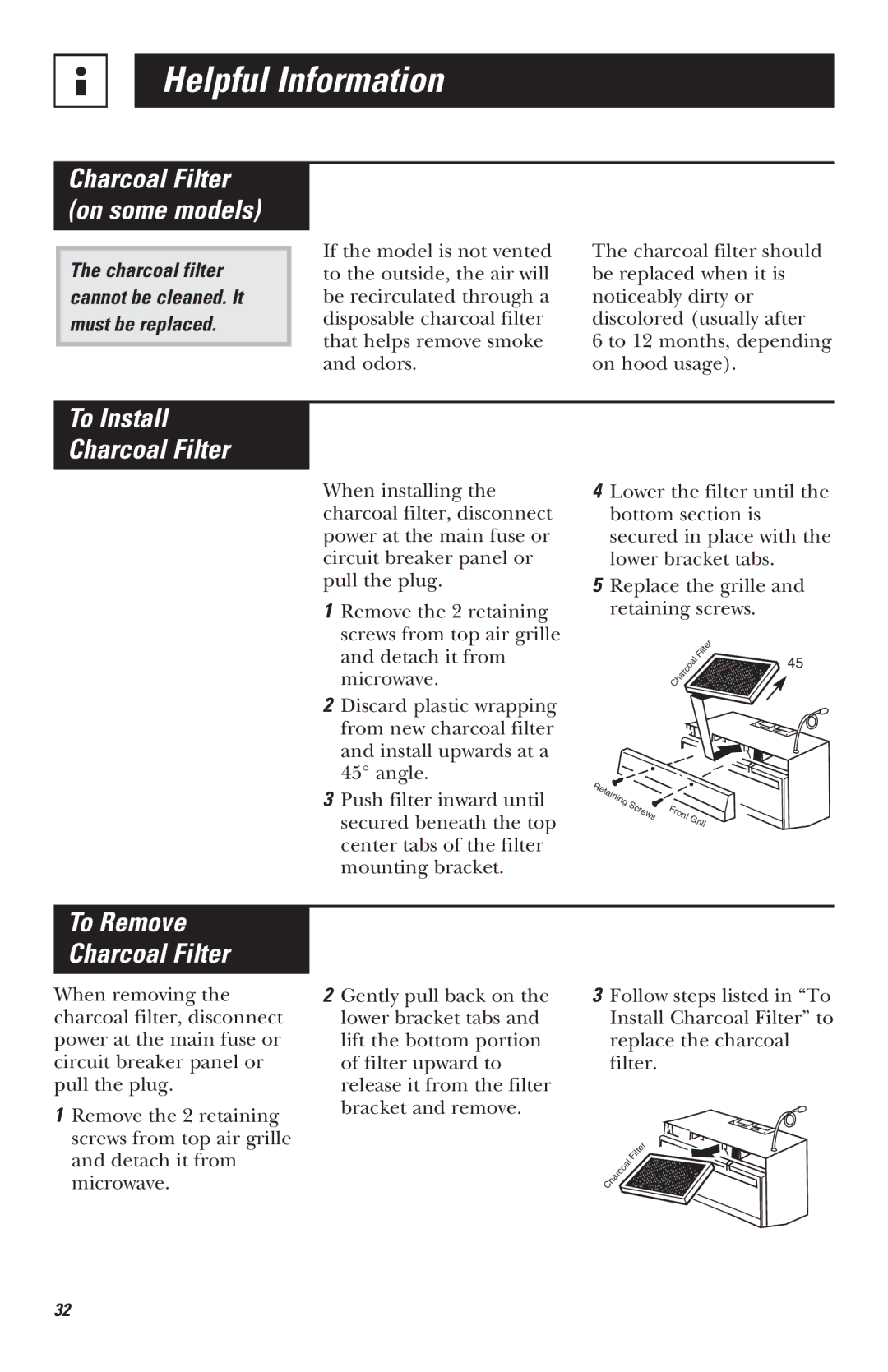 Mabe Canada JVM1635, JVM1625, JVM1630, JVM1620 owner manual To Install Charcoal Filter, To Remove Charcoal Filter 