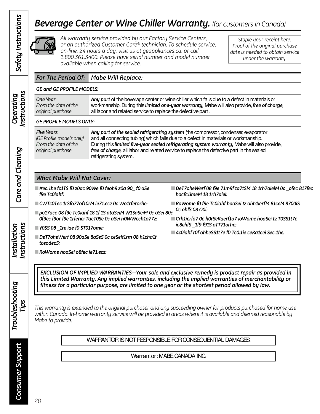 Mabe Canada PCR06BATSS, PCR06WATSS installation instructions Mabe Will Replace, What Mabe Will Not Cover 