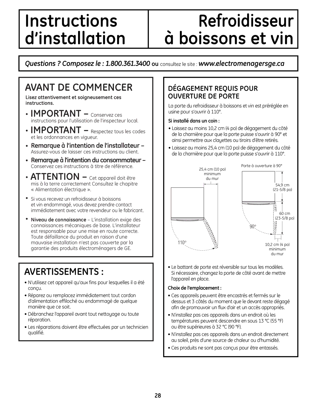 Mabe Canada PCR06BATSS Dégagement Requis Pour Ouverture DE Porte, Lisez attentivement et soigneusement ces instructions 