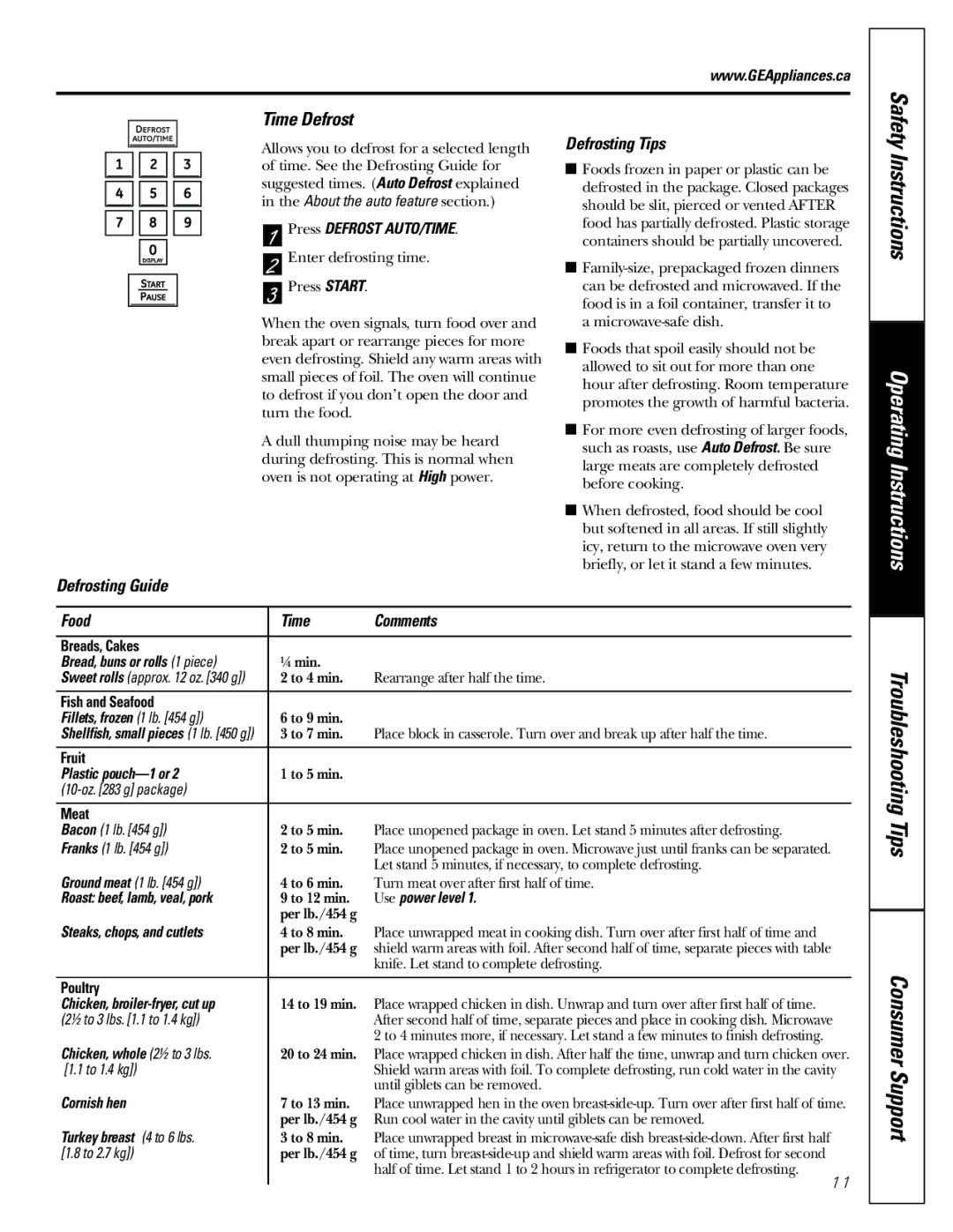 Mabe Canada PEB206C owner manual Time Defrost, Defrosting Tips, Defrosting Guide Food Time Comments 