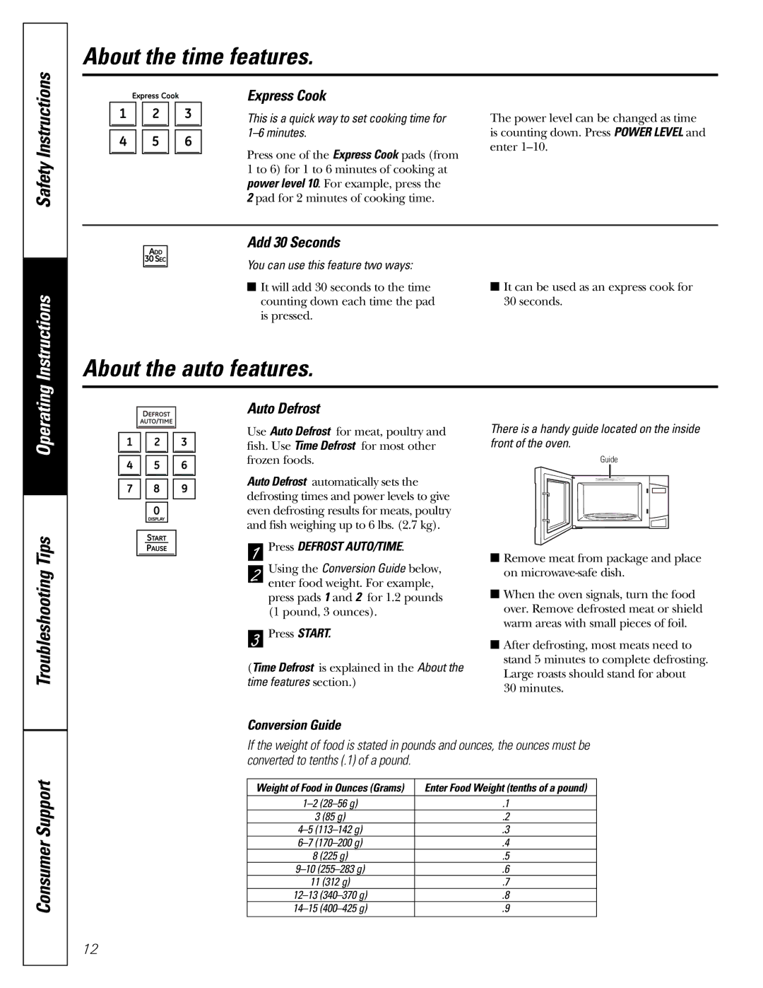 Mabe Canada PEB206C owner manual About the auto features, Express Cook, Add 30 Seconds, Auto Defrost, Conversion Guide 