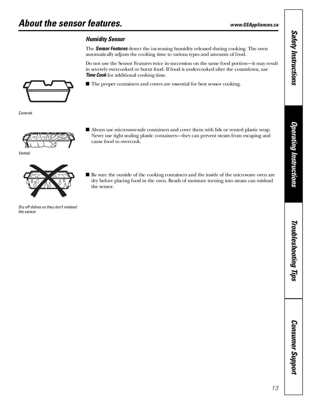 Mabe Canada PEB206C owner manual About the sensor features, Humidity Sensor 