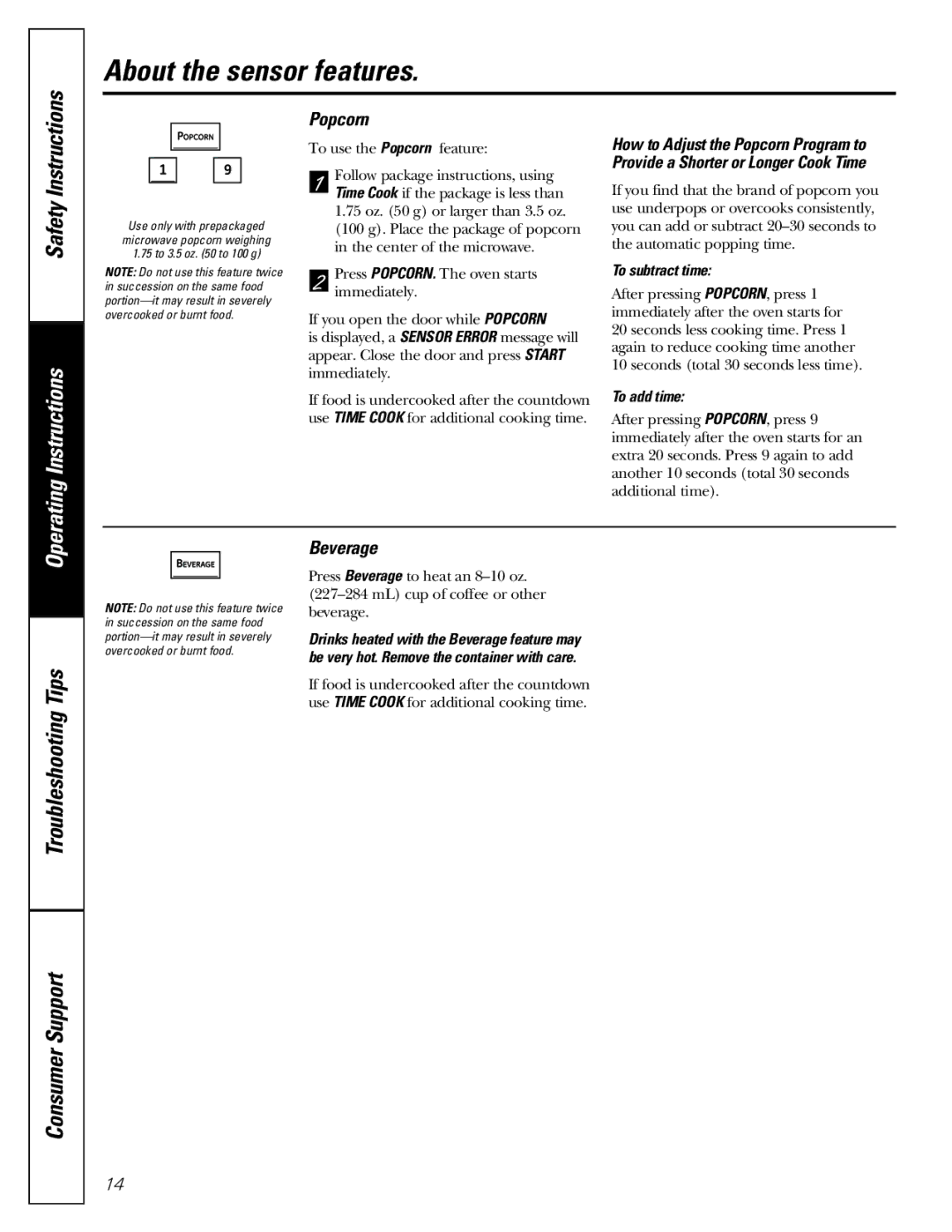 Mabe Canada PEB206C owner manual Popcorn, Beverage, To subtract time, To add time 