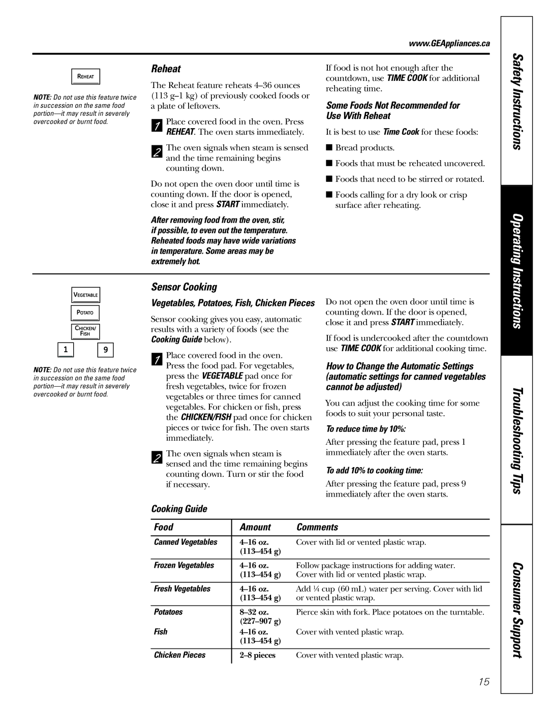 Mabe Canada PEB206C owner manual Reheat, Sensor Cooking, Cooking Guide Food Amount Comments 