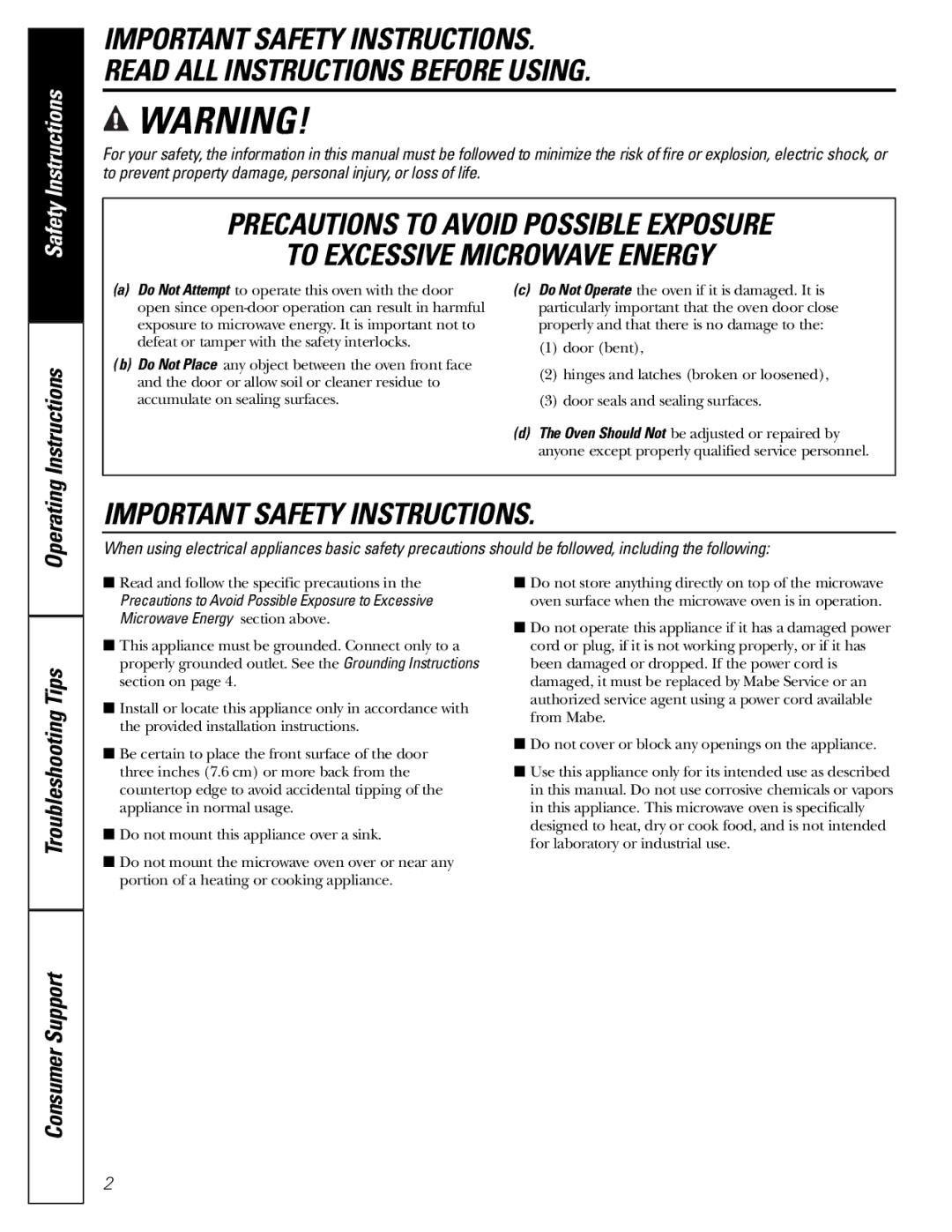 Mabe Canada PEB206C owner manual Important Safety Instructions 