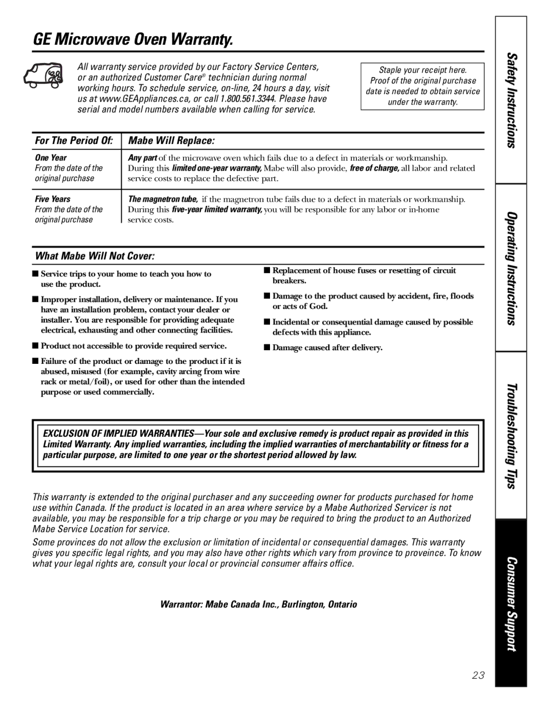 Mabe Canada PEB206C owner manual GE Microwave Oven Warranty, Mabe Will Replace, What Mabe Will Not Cover, For The Period 