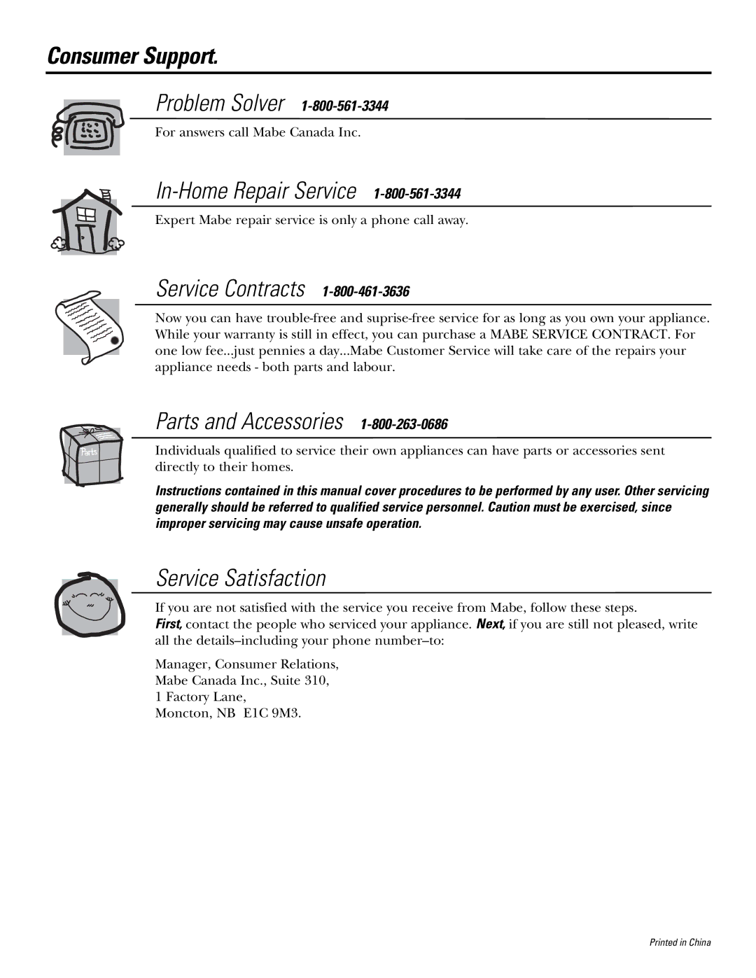 Mabe Canada PEB206C owner manual Consumer Support, Service Contracts 