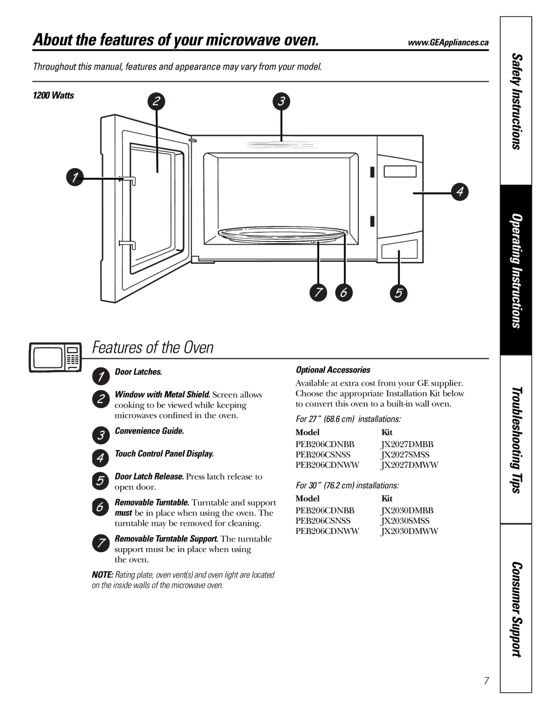 Mabe Canada PEB206C About the features of your microwave oven, Door Latches, Convenience Guide, Optional Accessories 