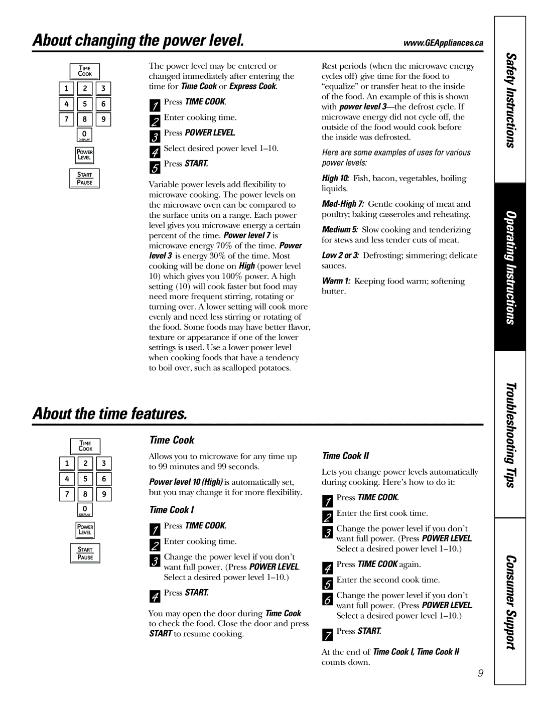 Mabe Canada PEB206C owner manual About changing the power level, About the time features, Time Cook 