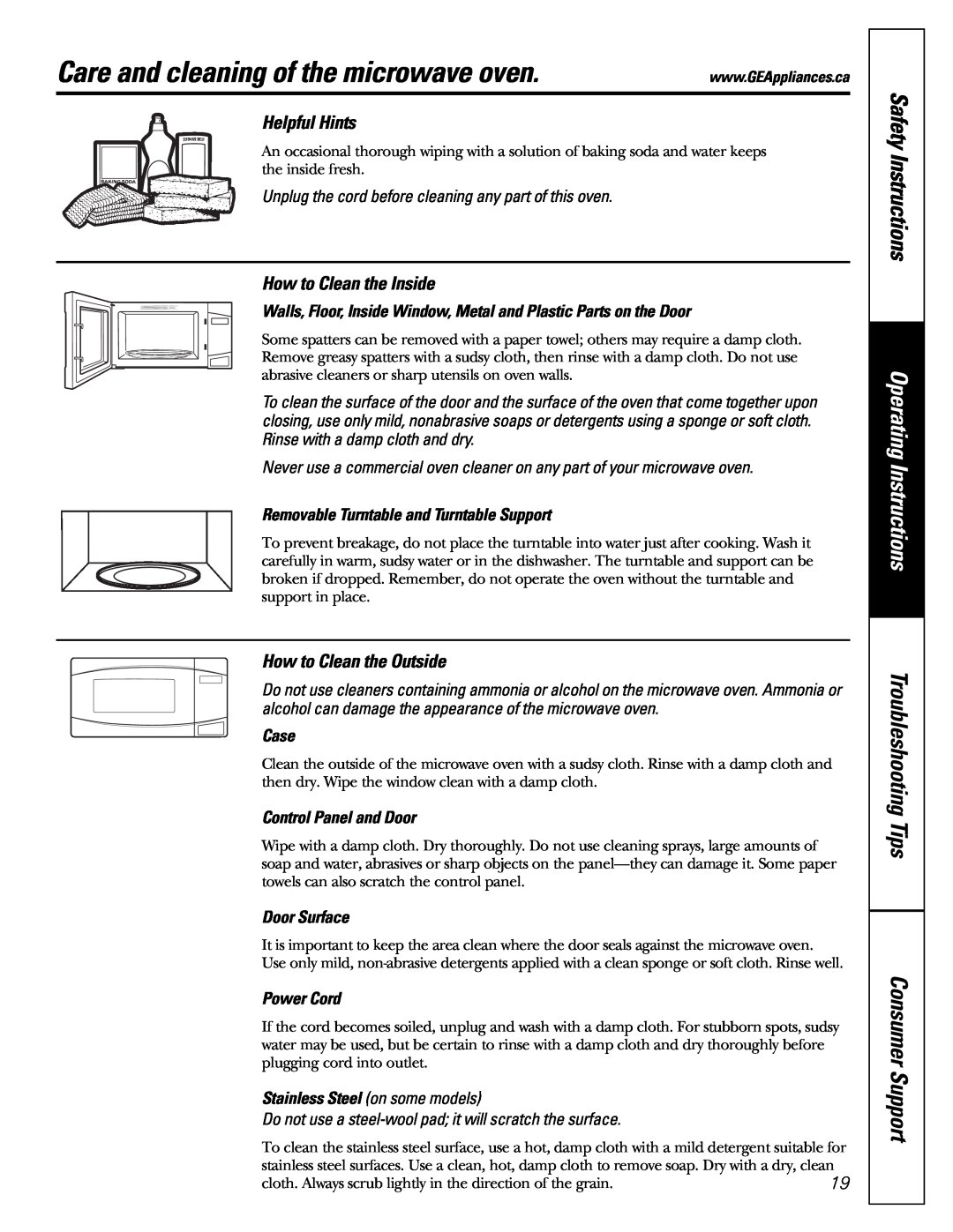 Mabe Canada PEB206C Care and cleaning of the microwave oven, Helpful Hints, How to Clean the Inside, Case, Door Surface 