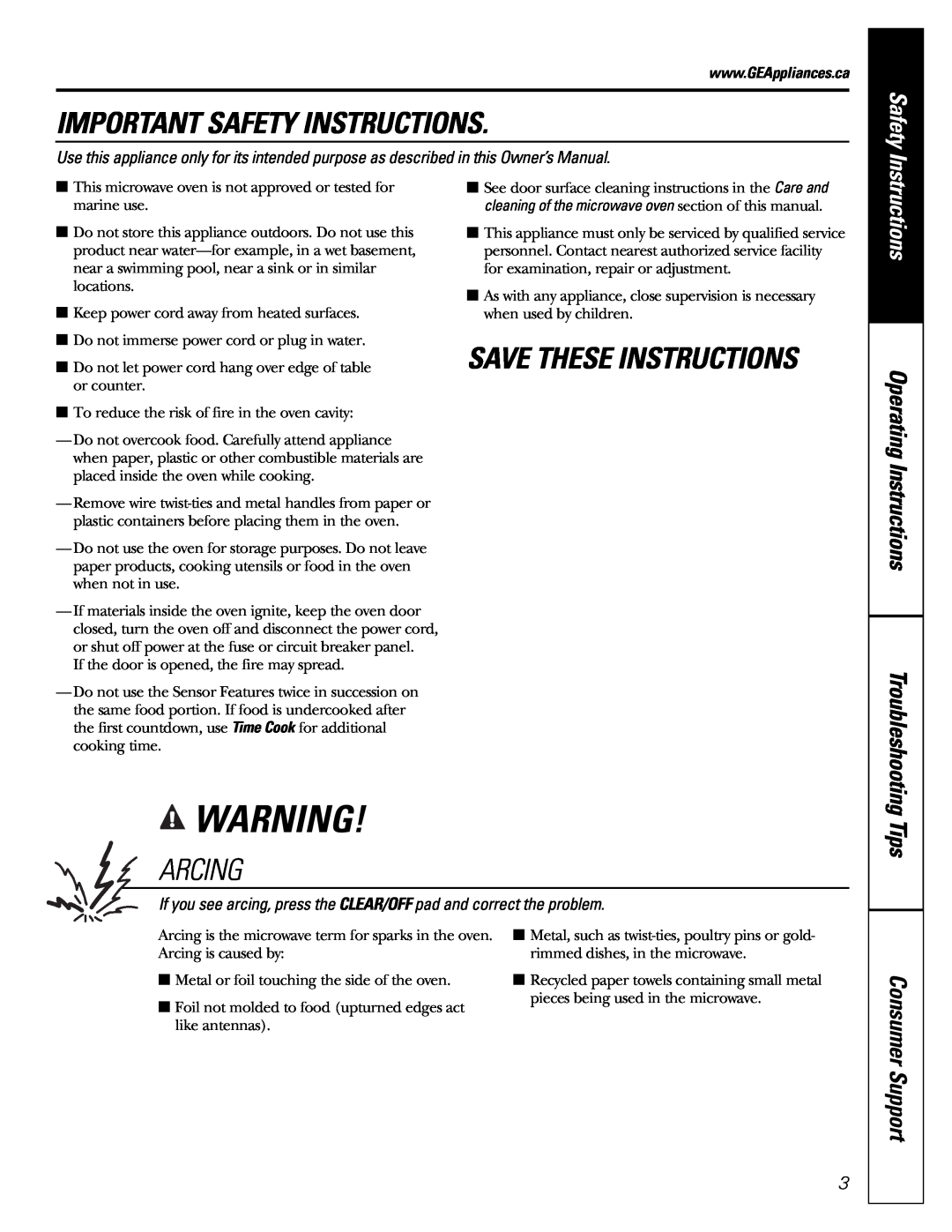 Mabe Canada PEB206C owner manual Save These Instructions, Arcing, Safety, Operating Instructions, Tips Consumer Support 