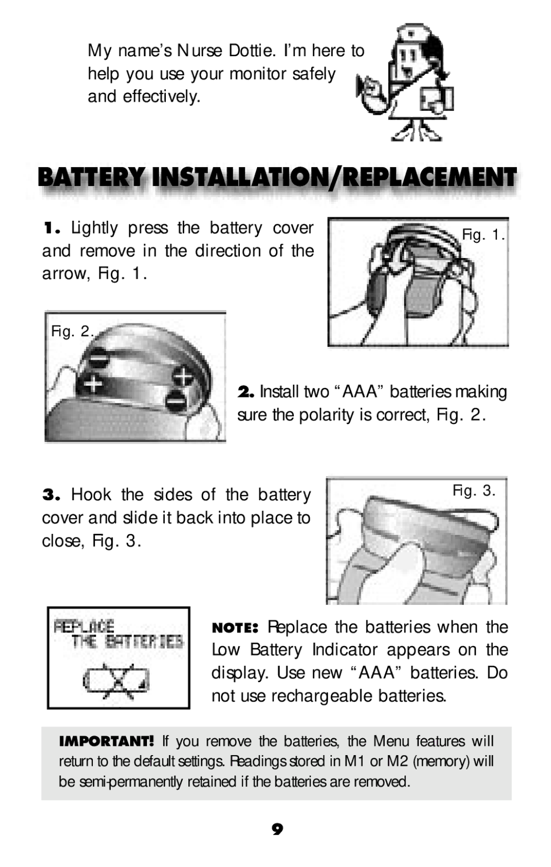 MABIS/Duro-Med 04-255-001 manual Battery INSTALLATION/REPLACEMENT 