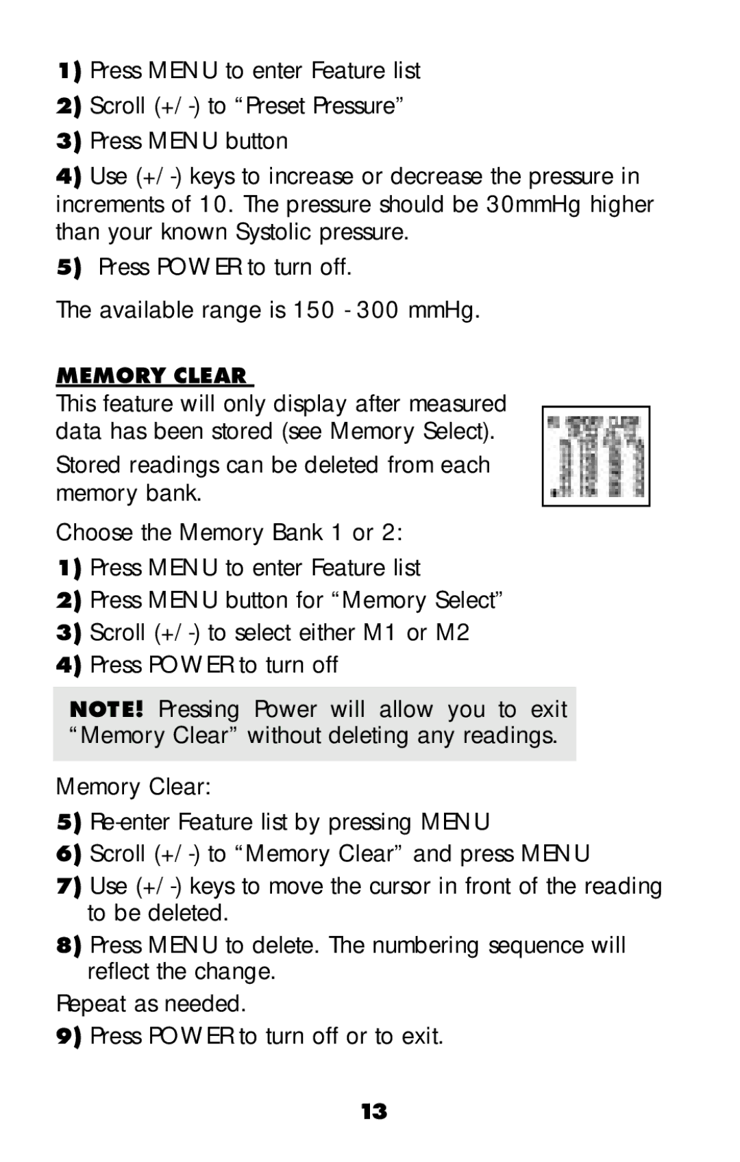 MABIS/Duro-Med 04-255-001 manual Memory Clear 