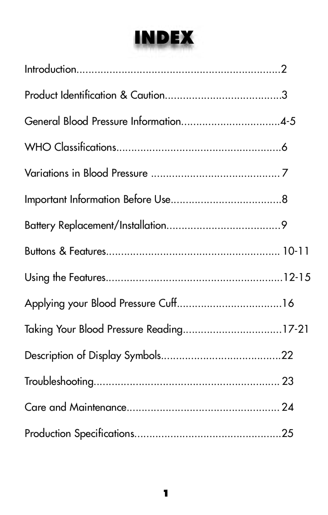 MABIS/Duro-Med 04-255-001 manual Index, Introduction 