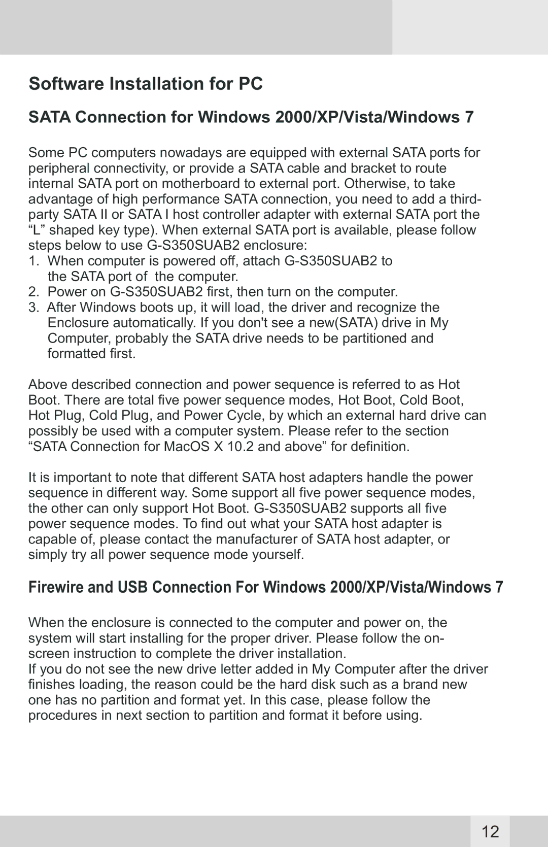 Macally G-S350SUAB2 manual Software Installation for PC, Sata Connection for Windows 2000/XP/Vista/Windows 