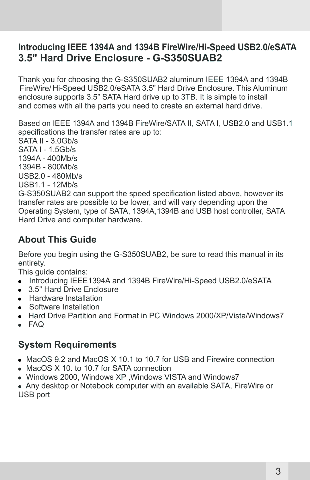 Macally manual Hard Drive Enclosure G-S350SUAB2, About This Guide, System Requirements 