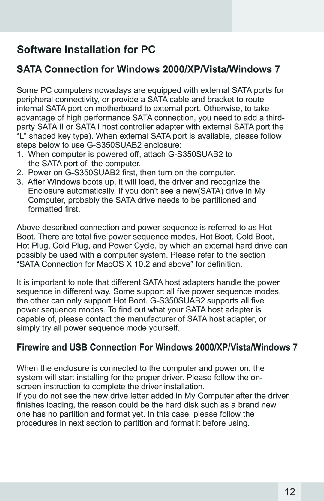 Macally G-S350SUAB2 manual Software Installation for PC, SATA Connection for Windows 2000/XP/Vista/Windows 