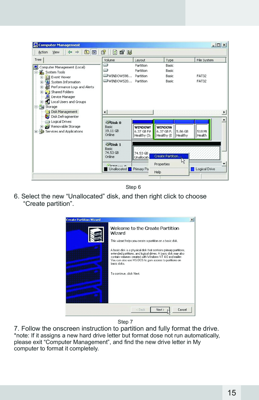 Macally G-S350SUAB2 manual Select the new “Unallocated” disk, and then right click to choose “Create partition” 