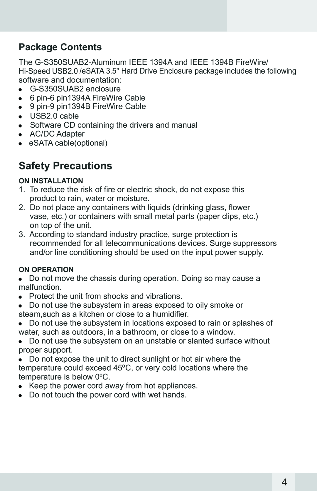 Macally G-S350SUAB2 manual Safety Precautions, Package Contents 
