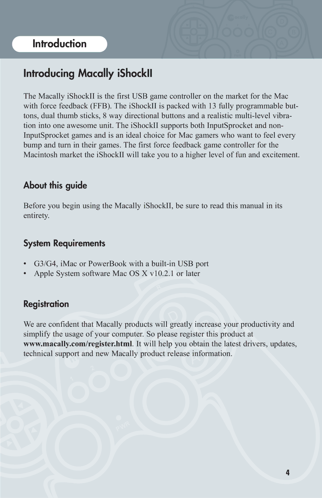 Macally OS X user manual Introduction, Introducing Macally iShockII, About this guide, System Requirements, Registration 