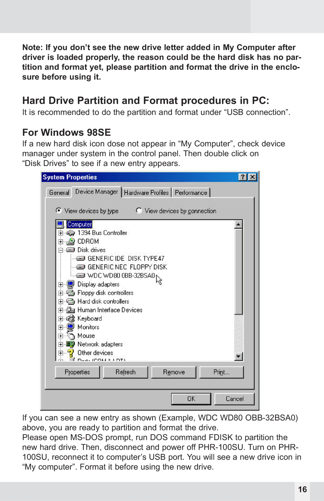 Macally PHR-100SU user manual Hard Drive Partition and Format procedures in PC, For Windows 98SE 