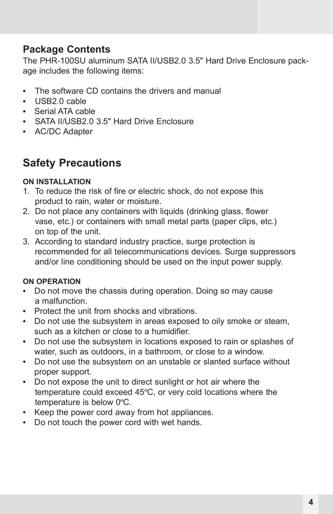 Macally PHR-100SU user manual Safety Precautions 