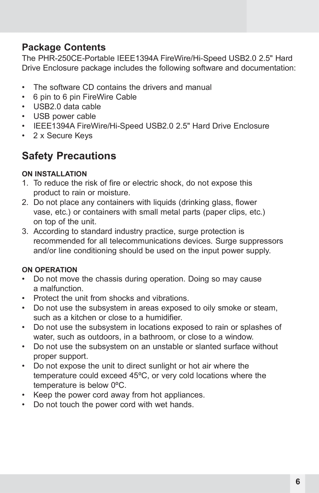 Macally PHR-250CE user manual Safety Precautions 