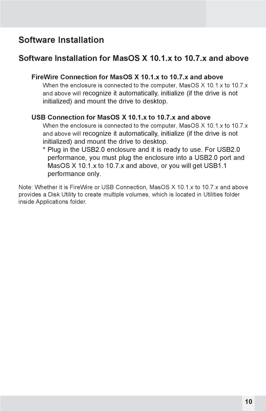 Macally IEEE 1394A, PHR-S250UAB Software Installation, FireWire Connection for MasOS X 10.1.x to 10.7.x and above 