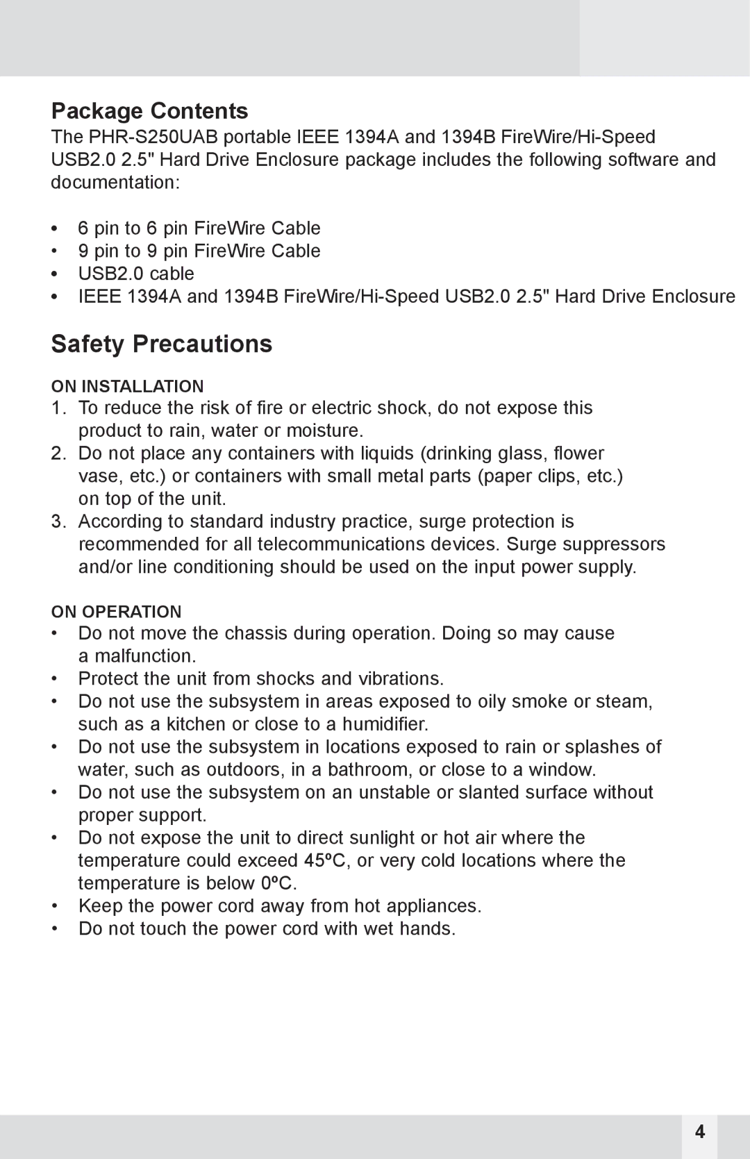 Macally IEEE 1394A, PHR-S250UAB, IEEE 1394B user manual Safety Precautions 