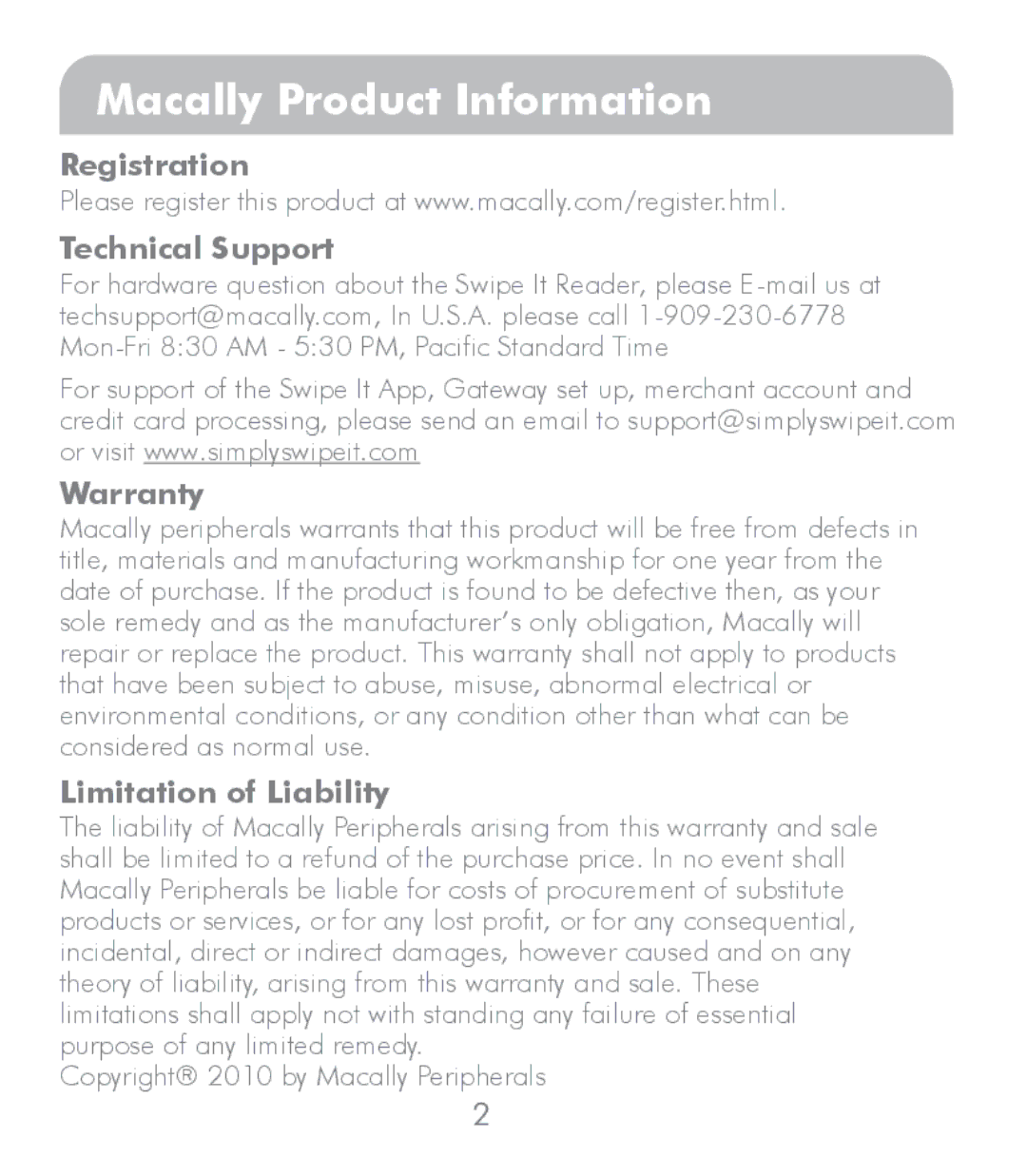 Macally SWIPEIT manual Macally Product Information, Registration Technical Support 