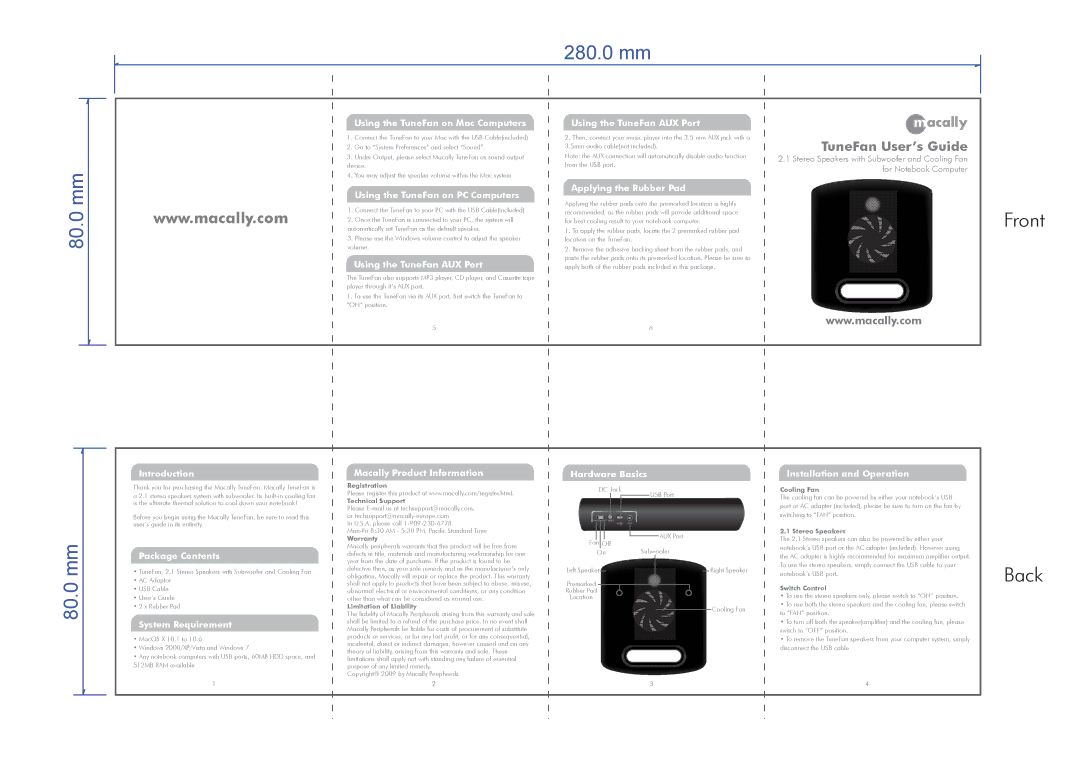 Macally TUNEFAN warranty Using the TuneFan on Mac Computers, Using the TuneFan on PC Computers, Using the TuneFan AUX Port 