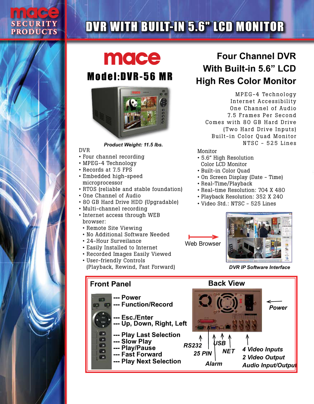 Mace 56MR manual DVR with Built -IN 5.6 LCD Monitor, ModelDVR 56 MR, Four Channel DVR, With Built-in 5.6 LCD 