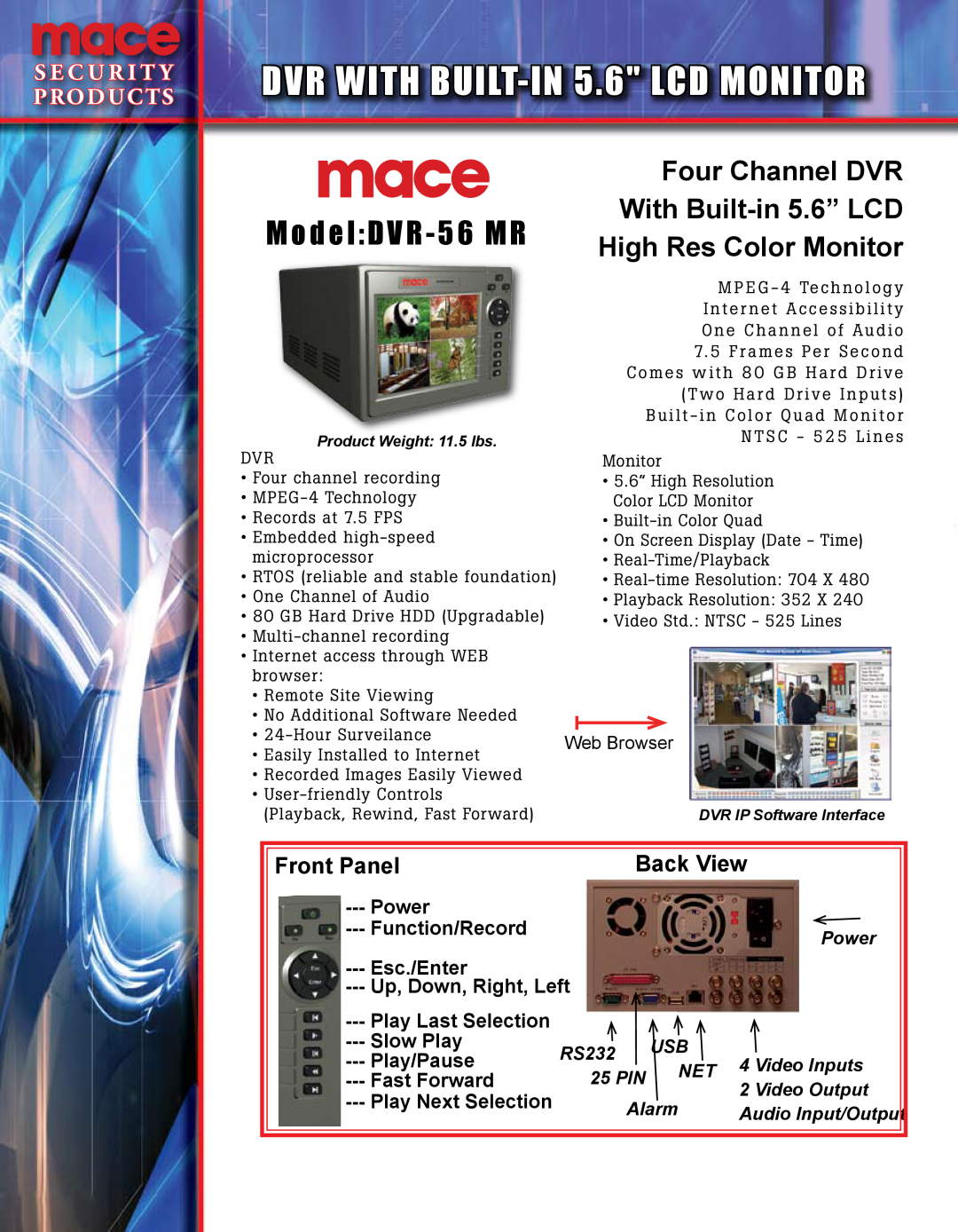 Mace 56MR manual DVR WITH BUILT-IN 5.6 LCD MONITOR, ModelDVR - 56 MR, Four Channel DVR, With Built-in 5.6” LCD, Back View 