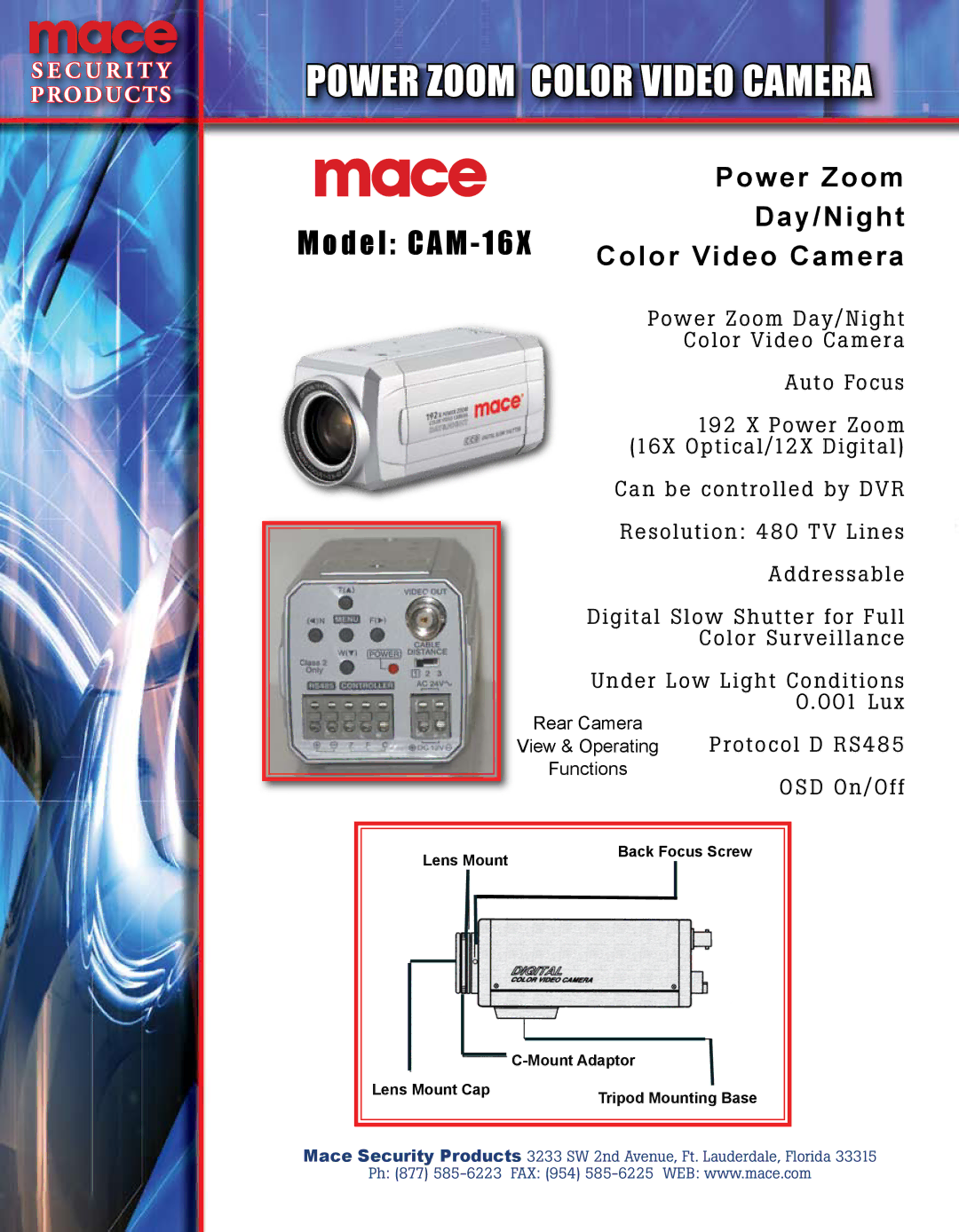 Mace CAM-16X manual Power Zoom Color Video Camera, Model CAM, Day/Night 