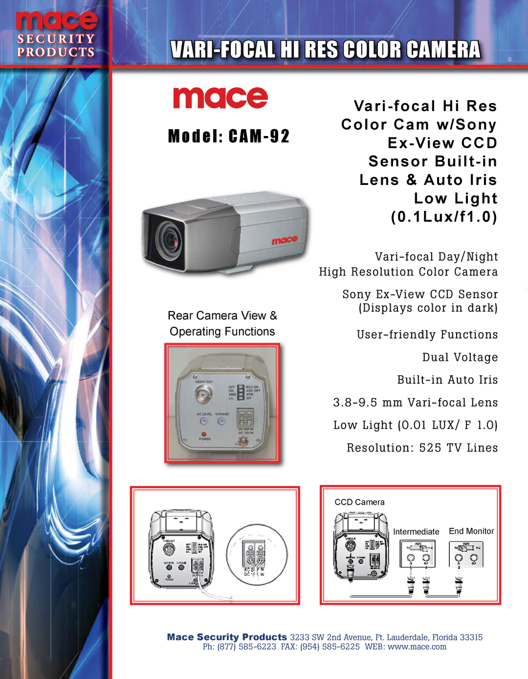 Mace CAM-92 manual Vari -FOCAL HI RES Color Camera, Model CAM 