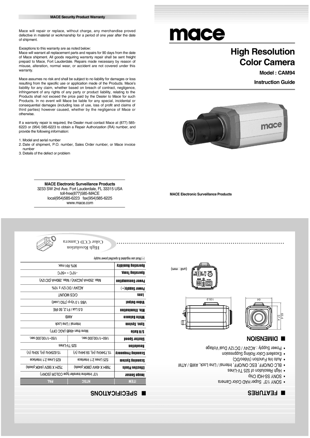 Mace CAM-94 specifications High Resolution Color Camera, Dimension, Specifications Features 