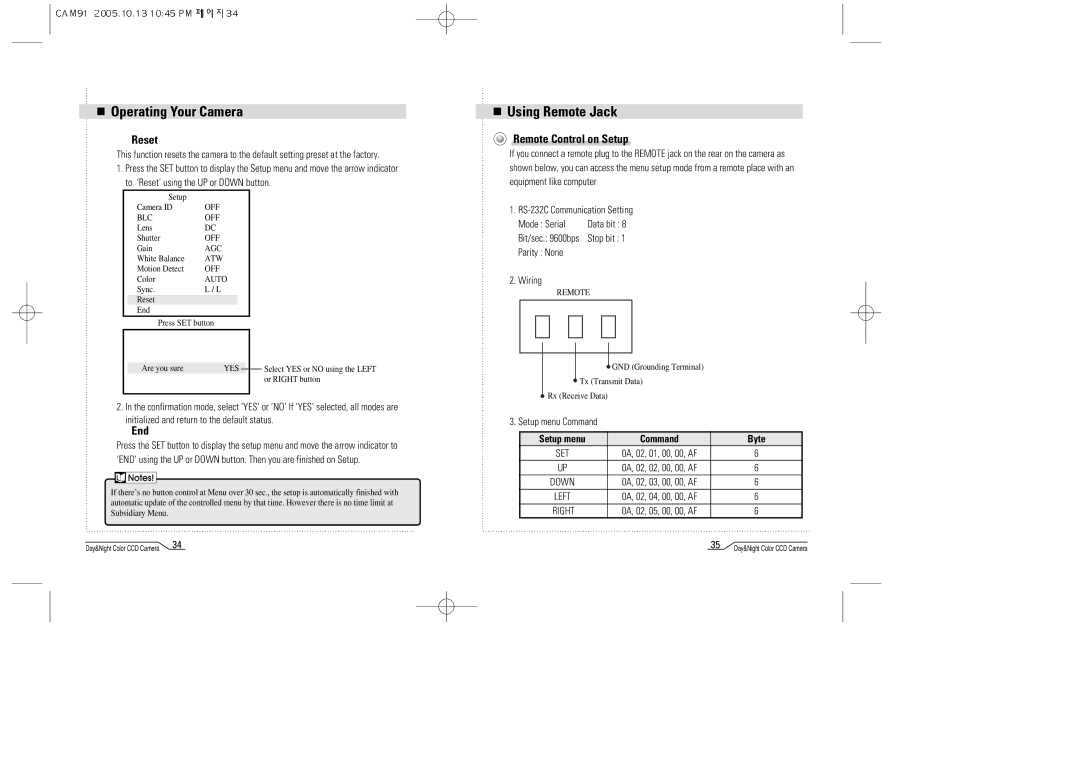 Mace CAM91 manual Using Remote Jack, Reset, Remote Control on Setup, Setup menu Command Byte 