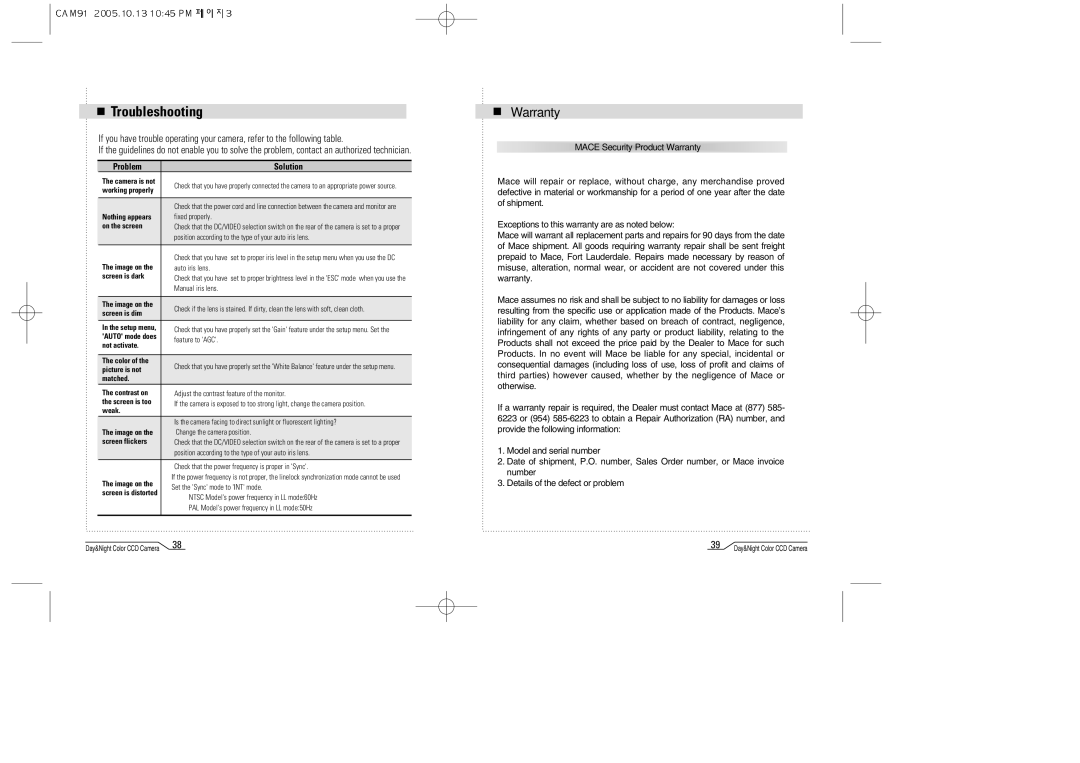 Mace CAM91 manual Troubleshooting, Problem Solution 