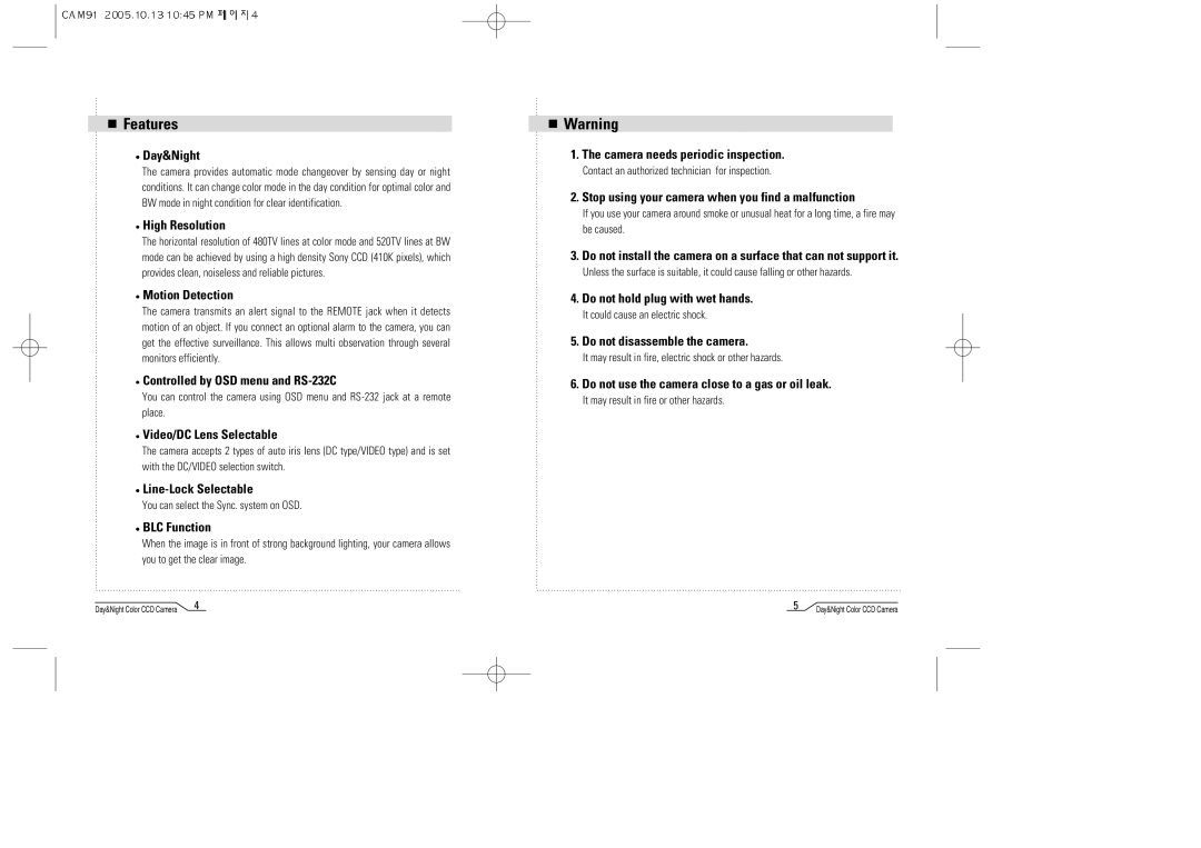 Mace CAM91 manual Features 