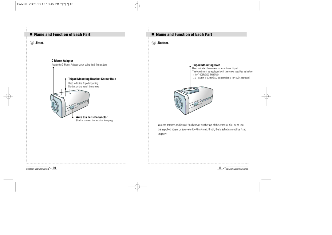 Mace CAM91 manual Name and Function of Each Part, Front, Bottom 