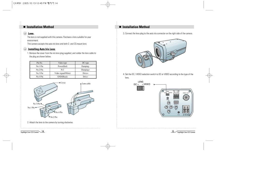 Mace CAM91 manual Installation Method, Installing Auto Iris Lens, Attach the lens to the camera by turning clockwise 