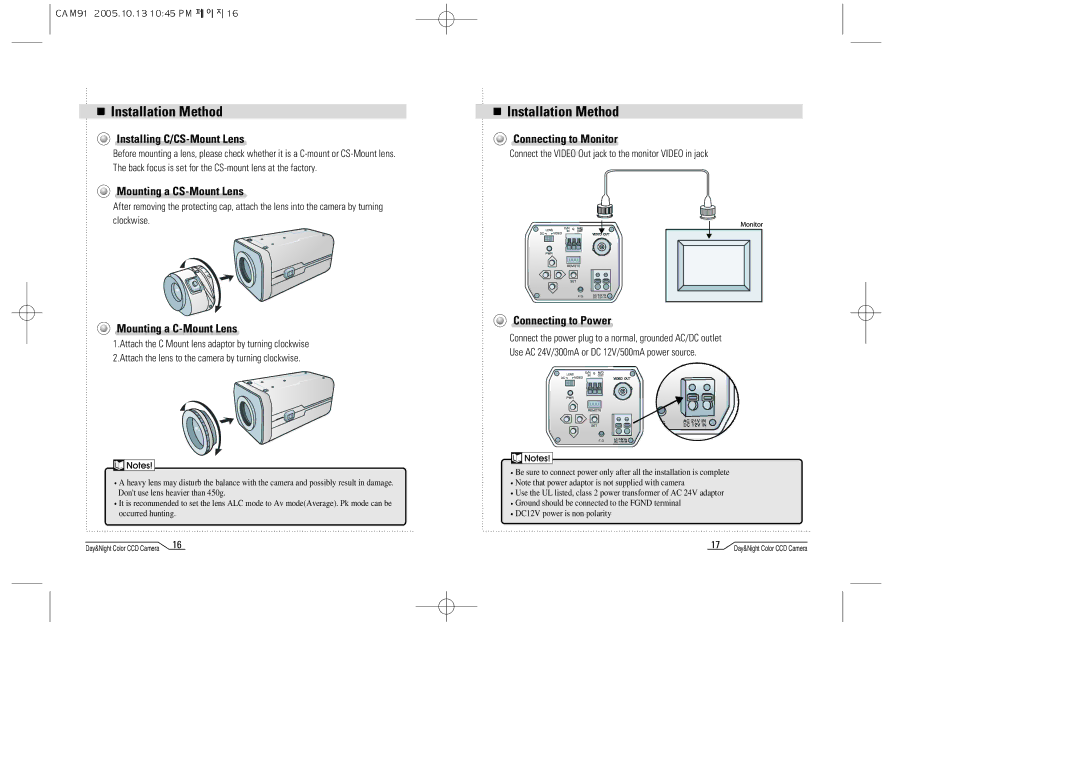 Mace CAM91 manual Installing C/CS-Mount Lens, Mounting a CS-Mount Lens, Mounting a C-Mount Lens, Connecting to Monitor 