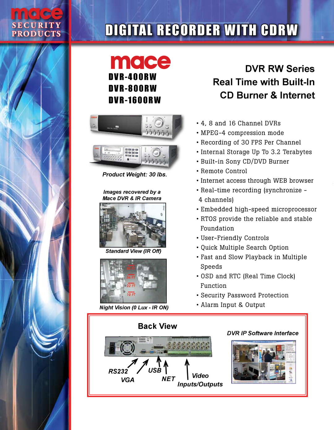 Mace DVR-400 RW manual Digital Recorder with Cdrw, DVR RW Series Real Time with Built-In CD Burner & Internet, Back View 