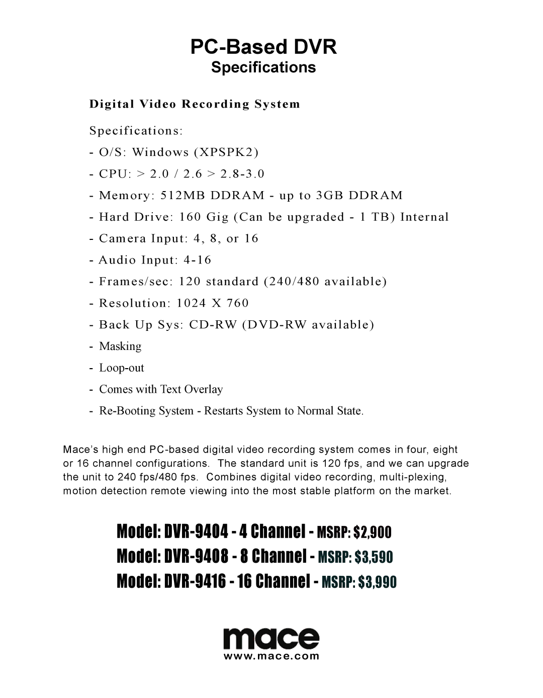 Mace DVR-9416 specifications PC-Based DVR, Specifications, Digital Video Recording System 