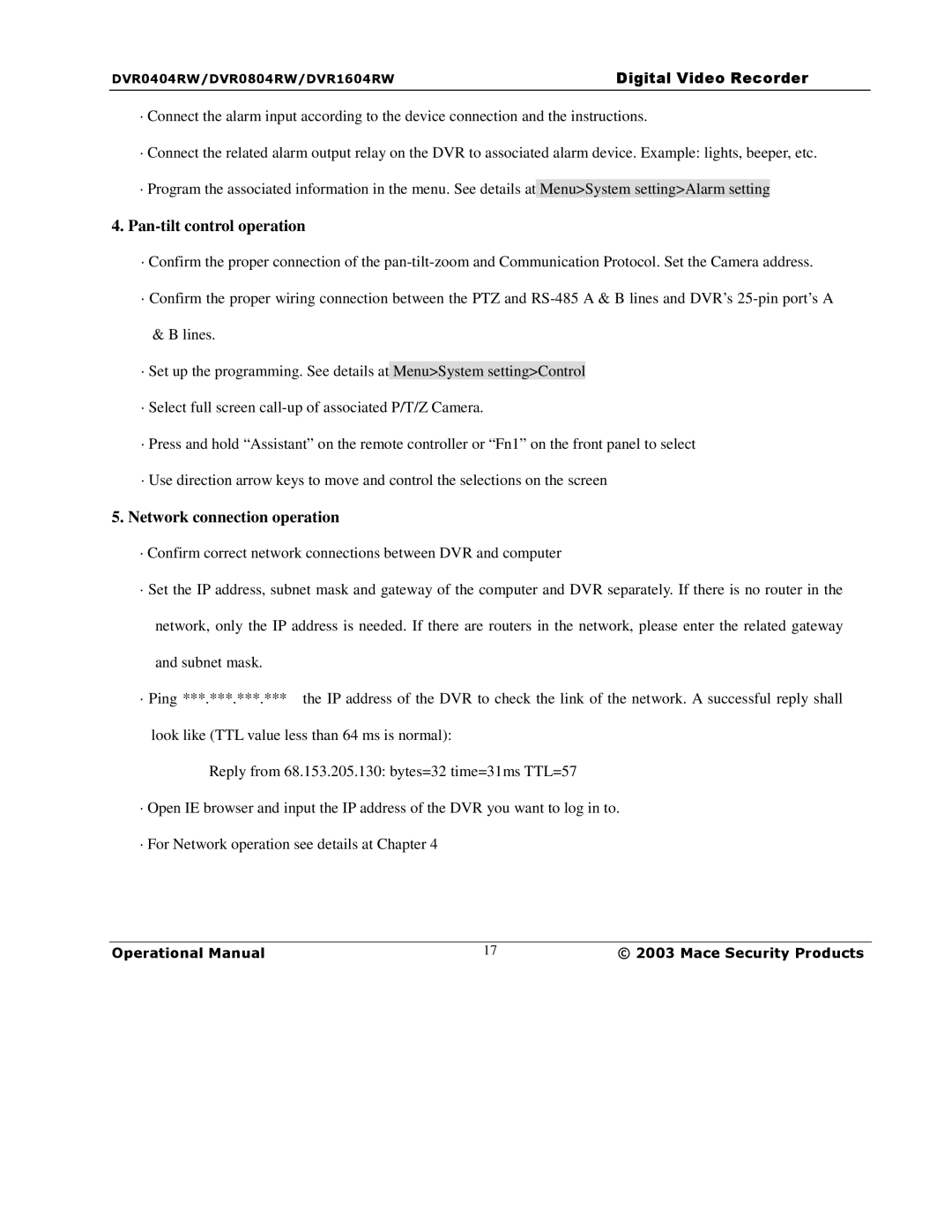 Mace DVR0804RW, DVR1604RW, DVR0404RW manual Pan-tilt control operation, Network connection operation 