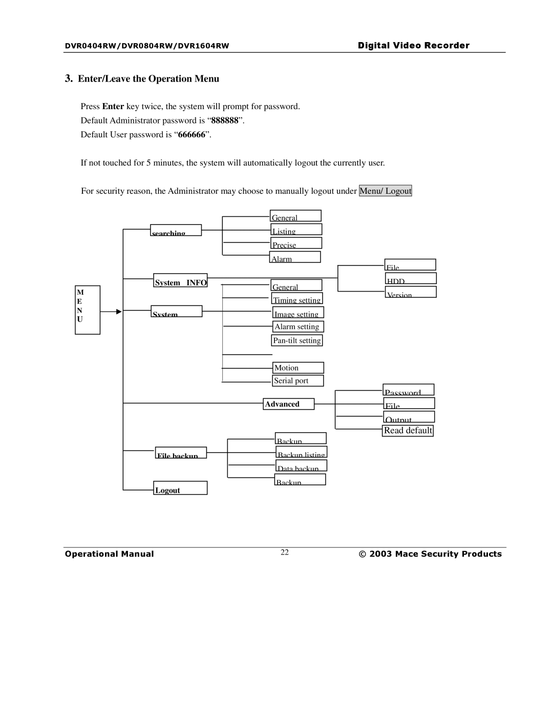 Mace DVR0404RW, DVR1604RW, DVR0804RW manual Enter/Leave the Operation Menu 